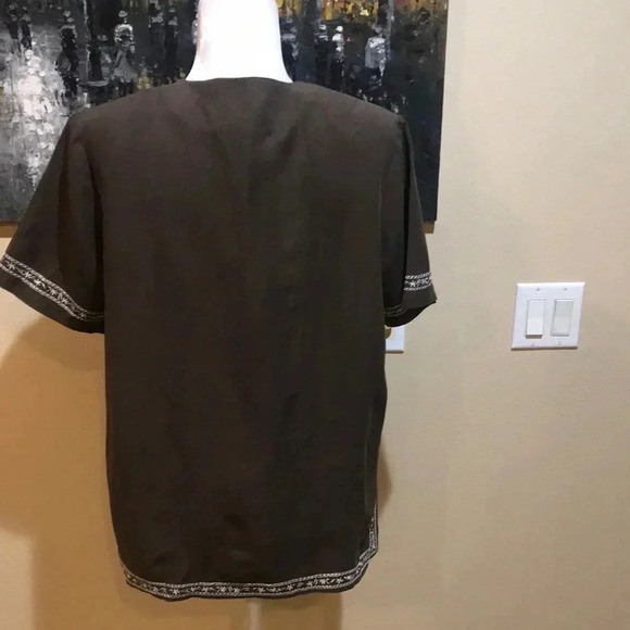 Dress Barn Brown Embroidered Silk and Linen Button-Up Top-Size M - Picture 5 of 6